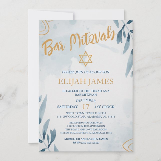 Modern Elegant Blå Guld Davidstjärna Bar Mitzvah Inbjudningar (Framsida)