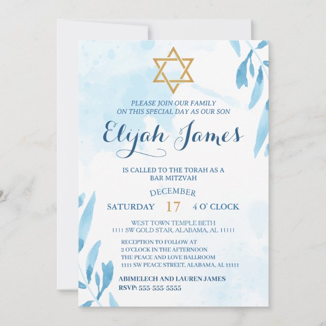 Modern Elegant Blå Guld Davidstjärna Bar Mitzvah Inbjudningar (Framsida)