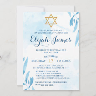 Modern Elegant Blå Guld Davidstjärna Bar Mitzvah Inbjudningar