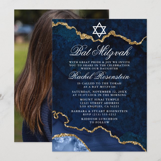 Modern Elegant Blå Guld Marmor Bat Mitzvah Foto Inbjudningar (Fram/baksida)