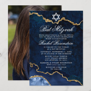Modern Elegant Blå Guld Marmor Bat Mitzvah Foto Inbjudningar