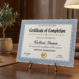 Modern Elegant Blå och Guld Certifikat för Slutför