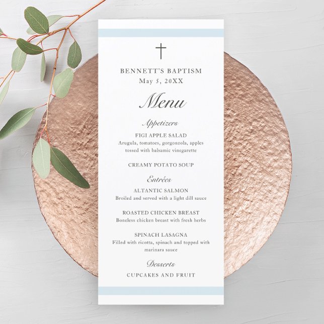 Modern Elegant Blå Pojkar Dop Program (Modern boys baptism menu with script headlines and simple cross.)