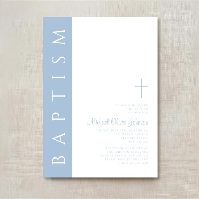 Modern Elegant Blå Skript Kors Dop Inbjudningar (Modern Elegant Blue Script Cross Baptism Invitation)