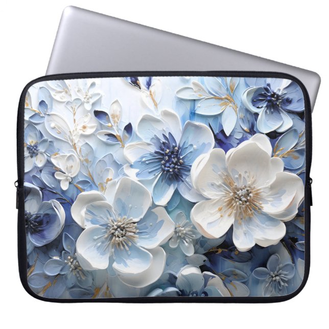 Modern Elegant Blå Vit Botanisk Blomma Laptop Fodral (Framsidan)