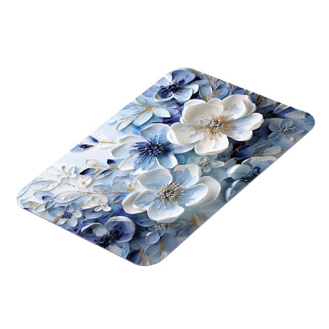 Modern Elegant Blå Vit Botanisk Blommig Magnet (Vänstra Sidan)