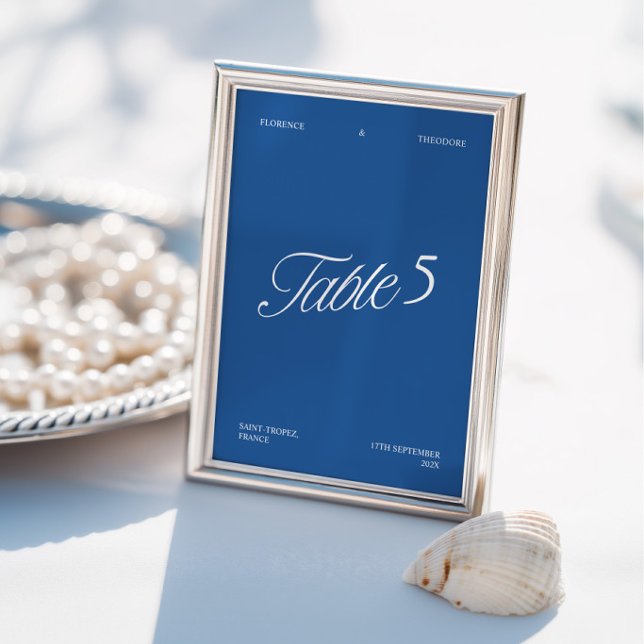 Modern Elegant Blå & Vit Bröllops Bordnummer Inbjudningar (Modern Elegant Blue & White Wedding Table Number)