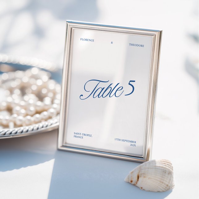 Modern Elegant Blå & Vit Bröllops Bordnummer Inbjudningar (Modern Elegant Blue & White Wedding Table Number)