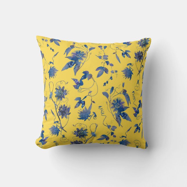 Modern Elegant Blåa blommor Mustard Gult Kudde (Framsida)