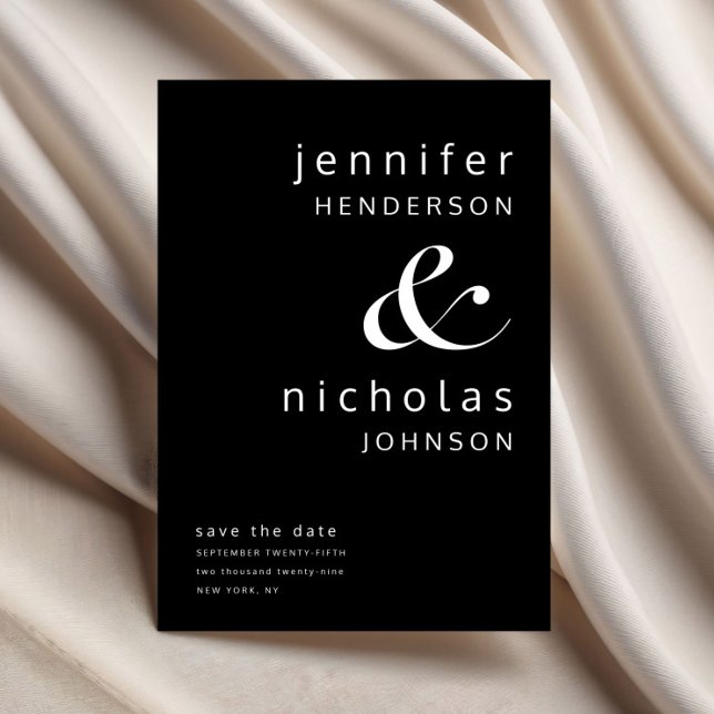 Modern Elegant Black Ampersand Typography Bröllop Spara Datumet (Modern Elegant Black Ampersand Typography Wedding Save The Date)