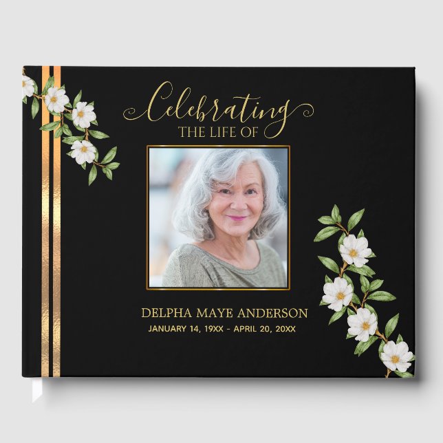 Modern Elegant Black and Gold Floral Memorial  Gästböcker (Framsida)
