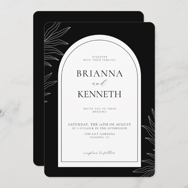Modern Elegant Black and White Arch Bröllop Inbjudningar (Fram/baksida)