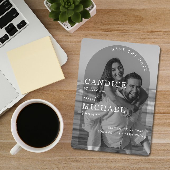 Modern Elegant Black and White Arch Photo Bröllop Spara Datumet (Skapare uppladdad)