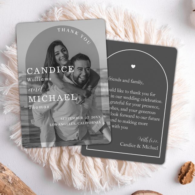 Modern Elegant Black and White Arch Photo Bröllop Tack Kort (Skapare uppladdad)