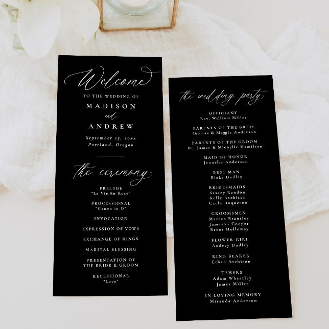 Modern Elegant Black and White Calligraphy Bröllop Program (Skapare uppladdad)