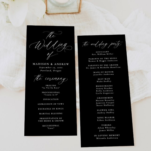 Modern Elegant Black and White Calligraphy Bröllop Program (Skapare uppladdad)