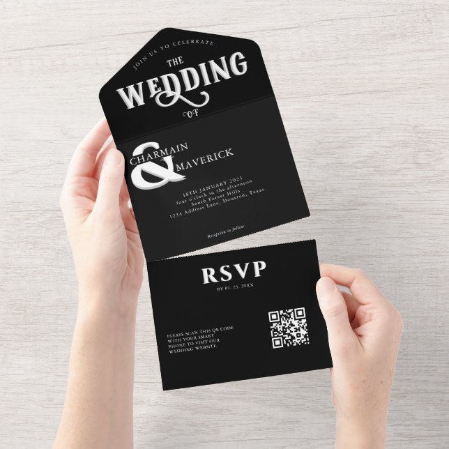 Modern Elegant Black and White QR Code Bröllop (Avrivbar del)