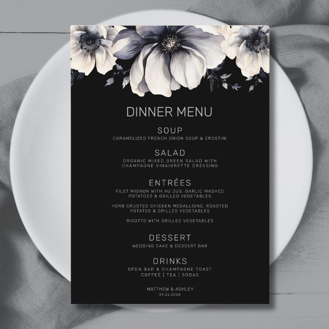 Modern Elegant Black Blommigt Bröllop Meny (Modern Elegant Black Floral Wedding Menu)