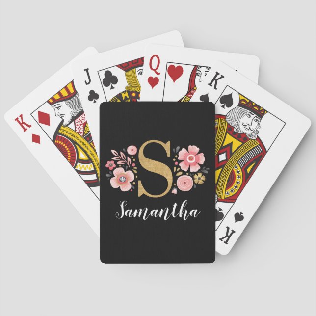 Modern Elegant Black Blommigt Monogram Brev S Play Casinokort (Baksidan)