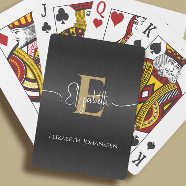 Modern Elegant Black Brushed Metall Guld Monogram Casinokort (Skapare uppladdad)