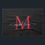 Modern Elegant Black Burgundy Monogram-skript Kökshandduk<br><div class="desc">Modern Elegant Black Burgundy Maroon Red Monogram Script Namn Kitchen Towel</div>