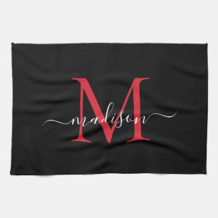 Modern Elegant Black Burgundy Monogram-skript Kökshandduk