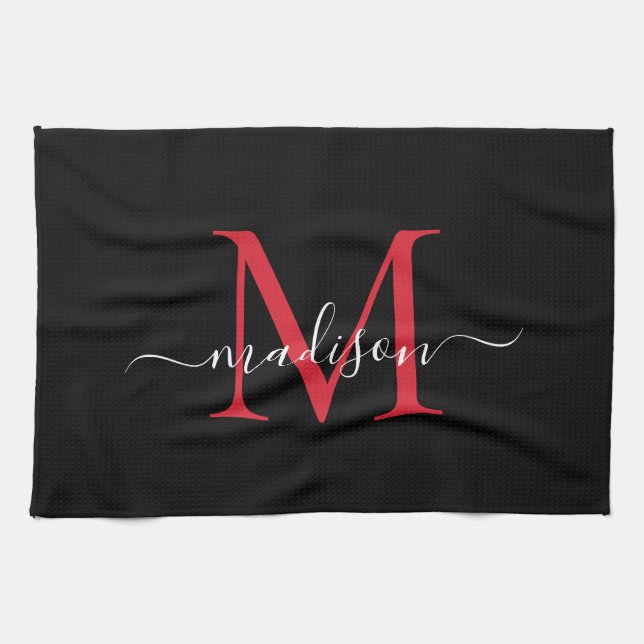 Modern Elegant Black Burgundy Monogram-skript Kökshandduk (Horisontell)