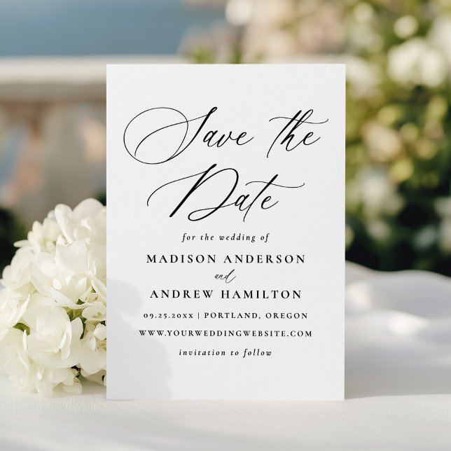 Modern Elegant Black Calligraphy Bröllop Spara Datumet (Skapare uppladdad)