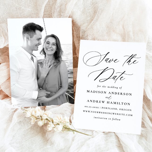 Modern Elegant Black Calligraphy Photo Bröllop Spara Datumet (Skapare uppladdad)