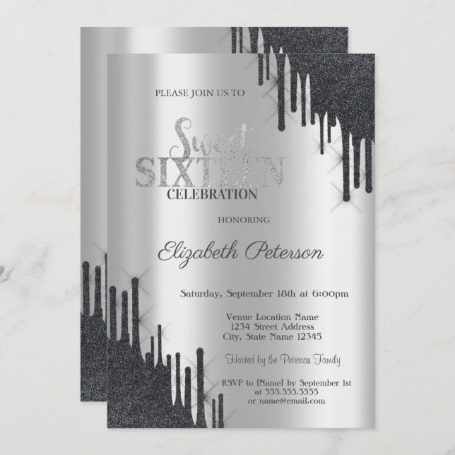 Modern Elegant Black Glitter Drips Sweet 16 Inbjudningar (Fram/baksida)