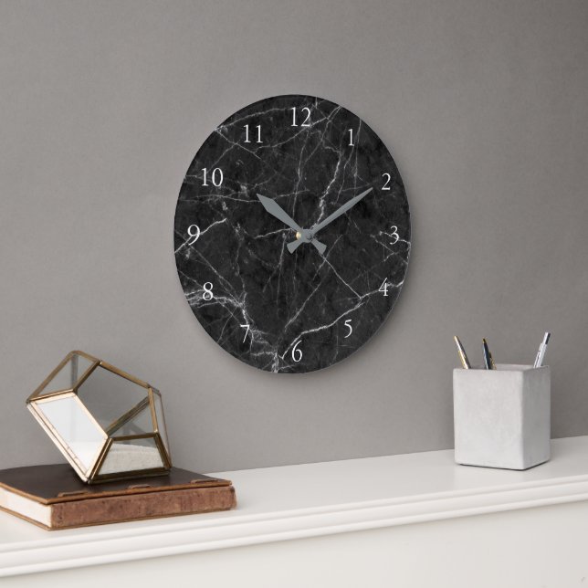 Modern elegant Black grått marble mönster Stor Klocka (Kontor)