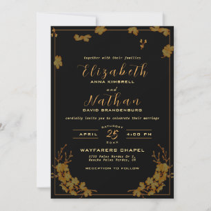 Modern Elegant Black & Guld Blommigt Bröllop Inbjudningar