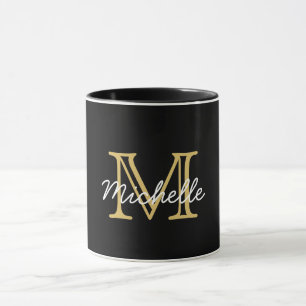 Modern Elegant Black Guld handskriven monogrammad Mugg