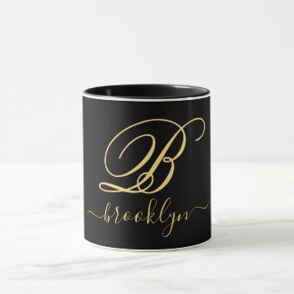 Modern Elegant Black Guld handskriven monogrammad Mugg