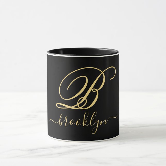 Modern Elegant Black Guld handskriven monogrammad Mugg (Center)