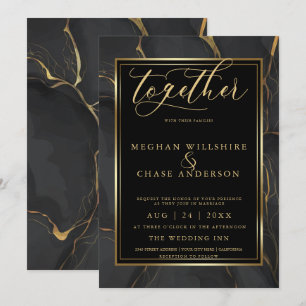 Modern Elegant Black Guld Marble BarefootBride™ Inbjudningar