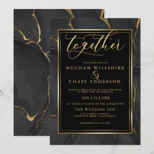 Modern Elegant Black Guld Marble BarefootBride™ Inbjudningar