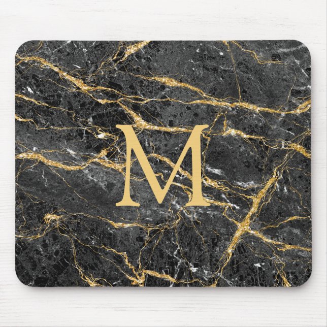Modern Elegant Black Guld Marble Monogram Musmatta (Framsidan)