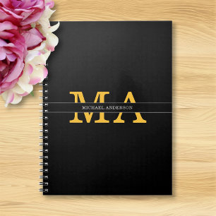 Modern Elegant Black Guld Monogram Namn Anteckningsbok