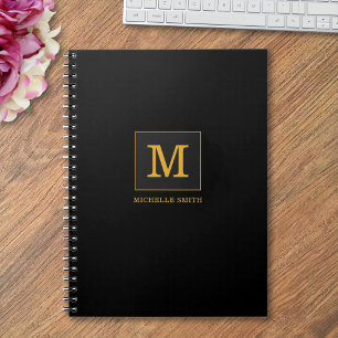 Modern Elegant Black Guld Monogram Namn Anteckningsbok