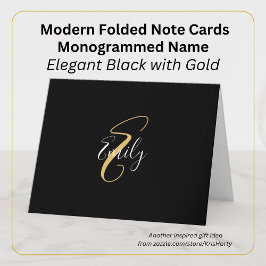 Modern Elegant Black Guld Monogram Script Namn Anteckningskort