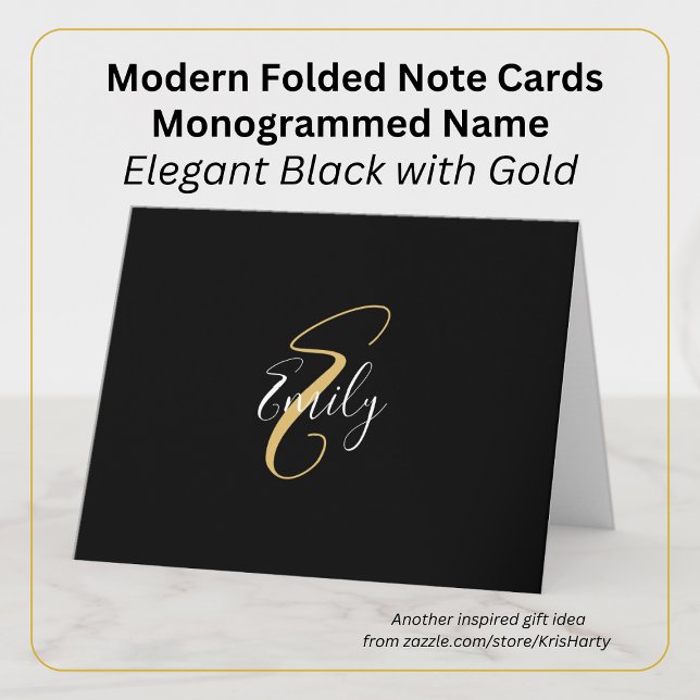 Modern Elegant Black Guld Monogram Script Namn Anteckningskort (Skapare uppladdad)