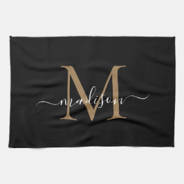 Modern Elegant Black Guld Monogram Script Namn Kökshandduk