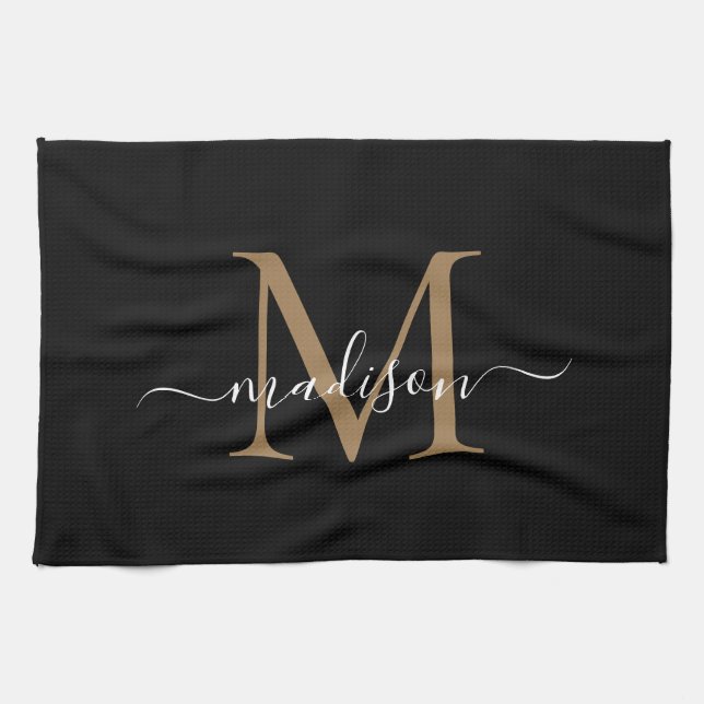 Modern Elegant Black Guld Monogram Script Namn Kökshandduk (Horisontell)