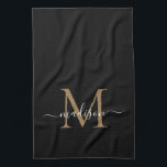 Modern Elegant Black Guld Monogram Script Namn Kökshandduk<br><div class="desc">Modern Snyggt Elegant Black Guld Monogram Script Namn Kitchen Towel</div>