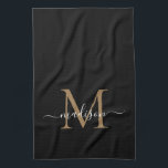 Modern Elegant Black Guld Monogram Script Namn Kökshandduk<br><div class="desc">Modern Snyggt Elegant Black Guld Monogram Script Namn Kitchen Towel</div>