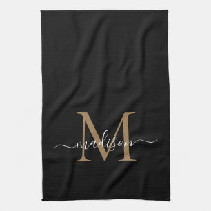 Modern Elegant Black Guld Monogram Script Namn Kökshandduk