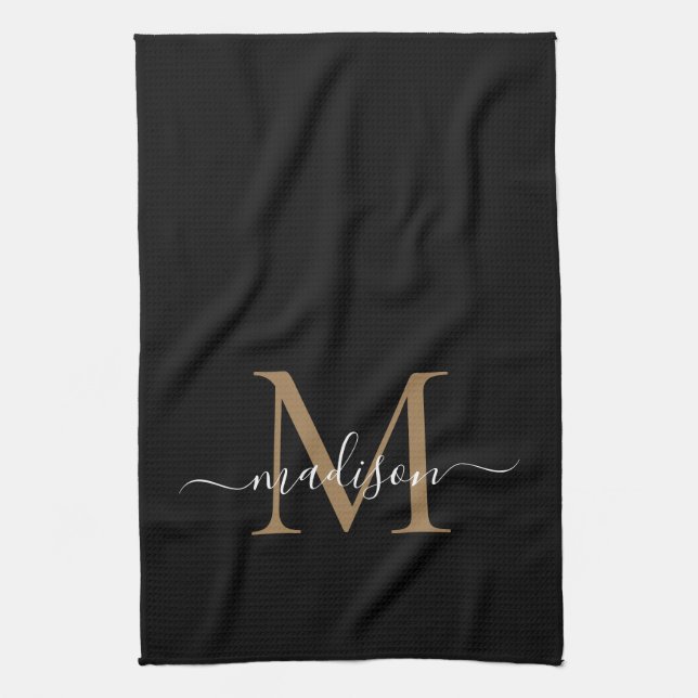 Modern Elegant Black Guld Monogram Script Namn Kökshandduk (Vertikal)
