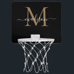 Modern Elegant Black Guld Monogram Script Namn Mini-Basketkorg<br><div class="desc">Modern Elegant Black Guld Monogram Script Namn Mini Basketball Ring</div>