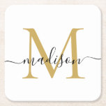 Modern Elegant Black Guld Monogram Script Namn Underlägg Papper Kvadrat<br><div class="desc">Elegant Modern Personlig Black Guld Monogram Script Namn Initial Papper Underlägg</div>